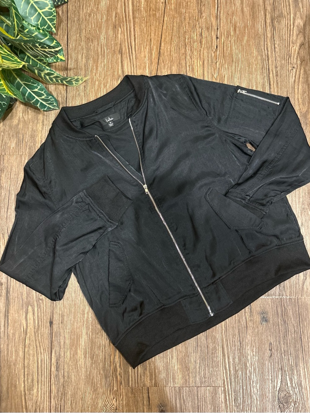 Lulus Black Satin Bomber Jacket (M) *can fit L